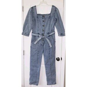 Hayden LA Denim Romper Womens Large Blue 3/4 Sleeve Belted Jean Jumpsuit NEW